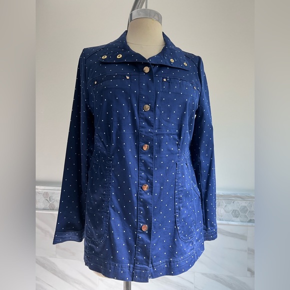 Chico’s Polka Dot Stretch Navy Jacket Blazer - Picture 3 of 12